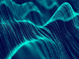 Abstract technology flow background. Futuristic dots background with a dynamic wave. Big data visualization. 3d rendering.