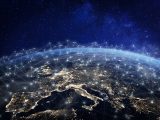 European telecommunication network connected over Europe, France, Germany, UK, Italy, concept about internet and global communication technology for finance, blockchain or IoT, elements from NASA