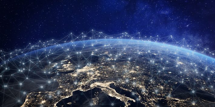 European telecommunication network connected over Europe, France, Germany, UK, Italy, concept about internet and global communication technology for finance, blockchain or IoT, elements from NASA