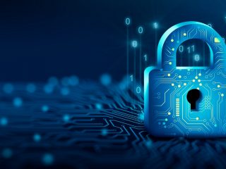Padlock with Keyhole in data security on Converging point of circuit. Cyber data and information privacy. Future technology security, Network protection, and Modern safety digital Concept. 3D render.