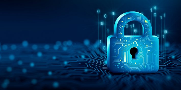 Padlock with Keyhole in data security on Converging point of circuit. Cyber data and information privacy. Future technology security, Network protection, and Modern safety digital Concept. 3D render.