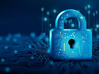 Padlock with Keyhole in data security on Converging point of circuit. Cyber data and information privacy. Future technology security, Network protection, and Modern safety digital Concept. 3D render.
