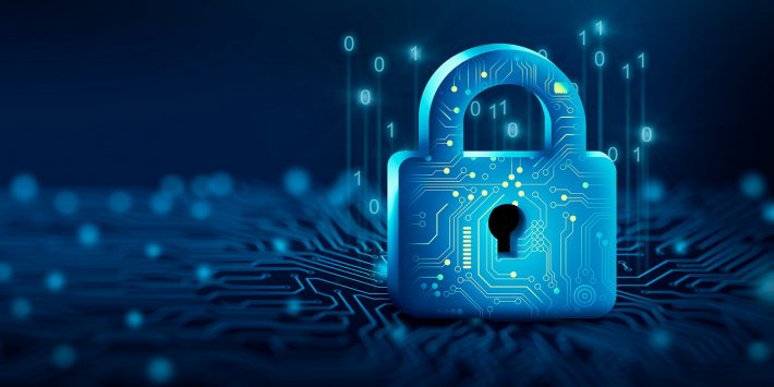 Padlock with Keyhole in data security on Converging point of circuit. Cyber data and information privacy. Future technology security, Network protection, and Modern safety digital Concept. 3D render.