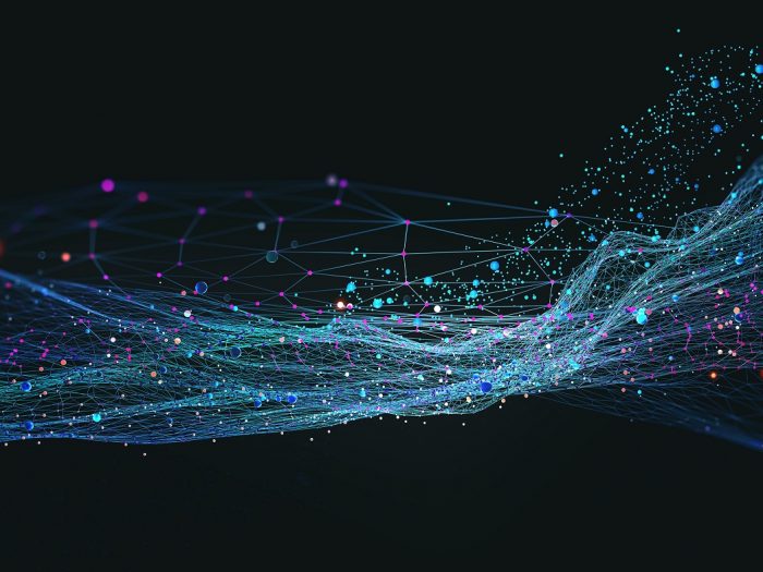 Big Data concept. Blockchain 3D illustration. Information Waves and the Global Database. Neural networks and artificial intelligence. Abstract technological background