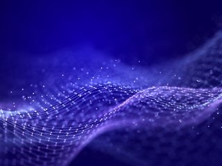 Abstract digital data background. Wave with moving dots. Musical stream of sounds. 3D .