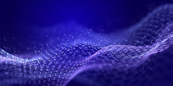 Abstract digital data background. Wave with moving dots. Musical stream of sounds. 3D .