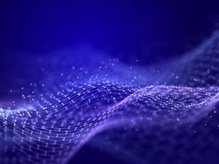 Abstract digital data background. Wave with moving dots. Musical stream of sounds. 3D .