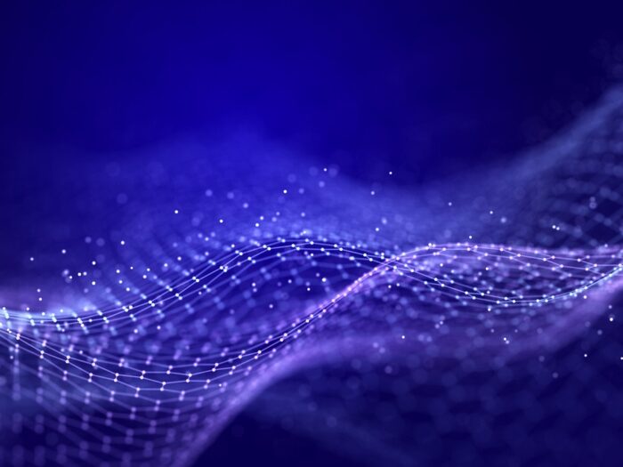 Abstract digital data background. Wave with moving dots. Musical stream of sounds. 3D .